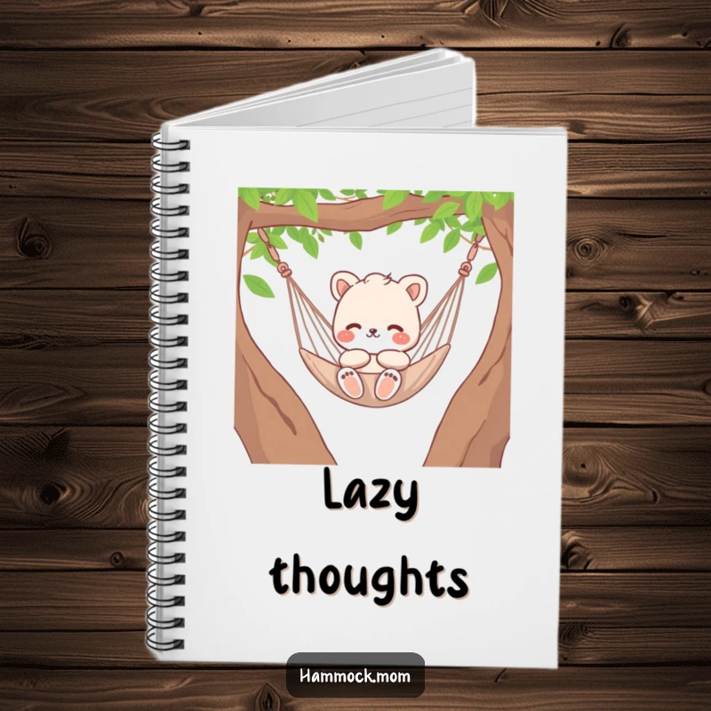 Funny animal character mom gently swinging in a hammock, humorous notebook for relaxation.