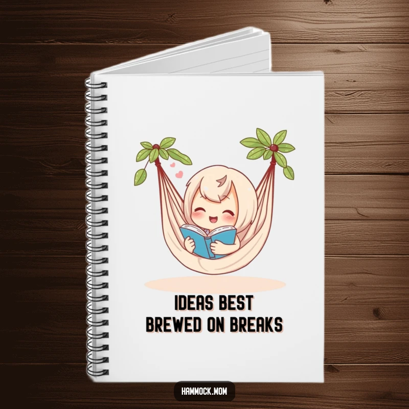 Funny notebook with a delighted hammock character reading a book and sighing contentedly, ideal for jotting down thoughts and inspirations.
