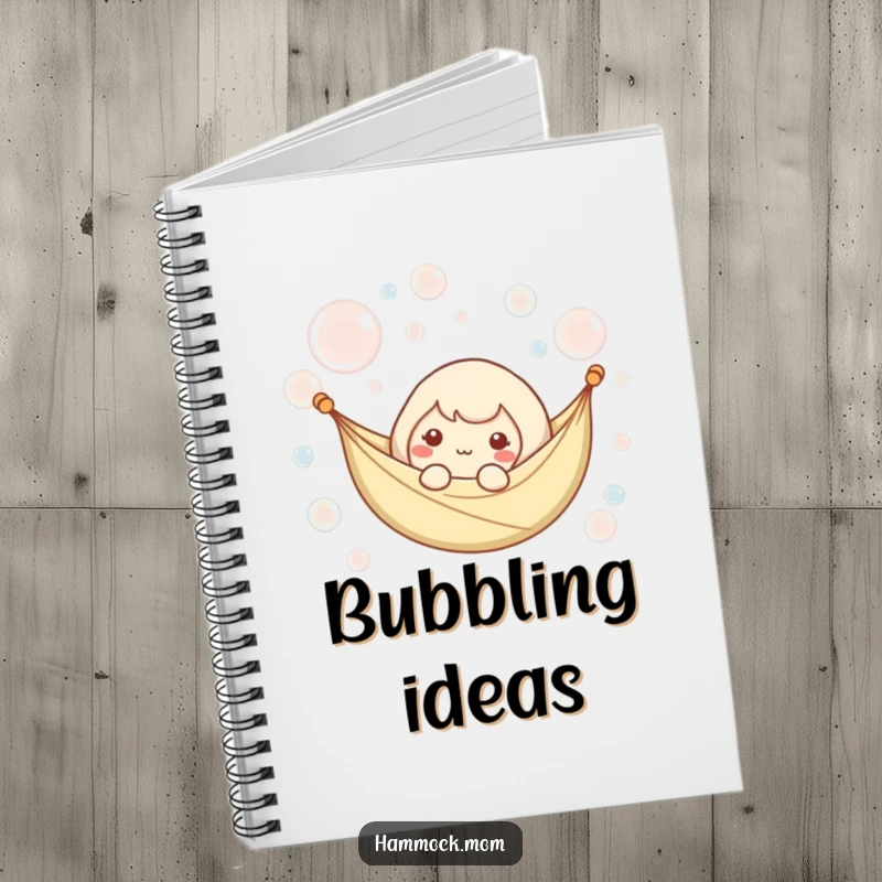Funny notebook with a kawaii hammock character floating amidst bubbles, ideal for tranquil journaling and notes.