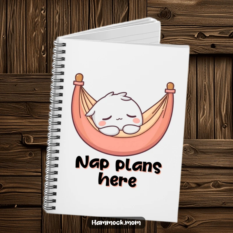 Funny notebook with a kawaii hammock character asleep, perfect for journaling dreams and peaceful thoughts.