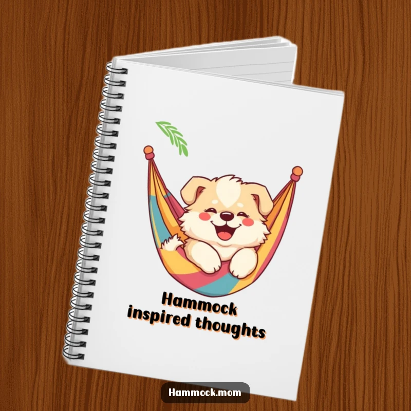 Funny mama dog notebook cover showing a fluffy mama dog with a smile, swaying lazily in a hammock, perfect for planning relaxation.