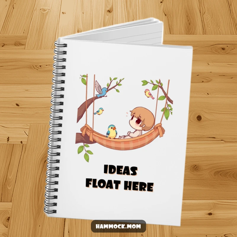 Funny Notebook with a character relaxing in a hammock, watching birds, designed for writing, drawing, and capturing humorous thoughts.