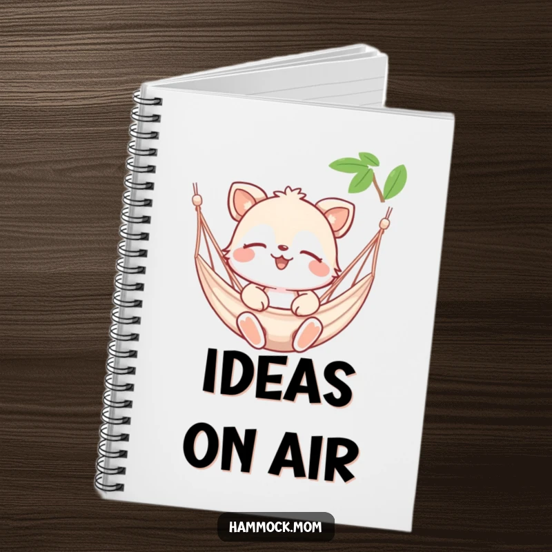 Funny notebook with a happy animal character eyes closed, enjoying a gentle hammock breeze, perfect for serene note-taking.