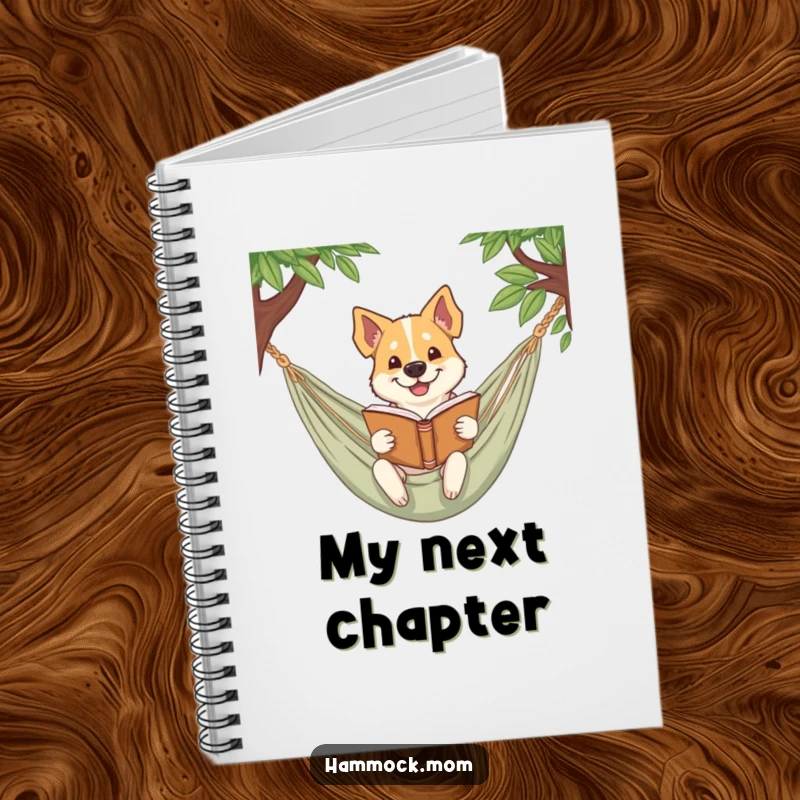 Funny dog notebook featuring a dog smirking while reading a book in a hammock, ideal for jotting down clever ideas.