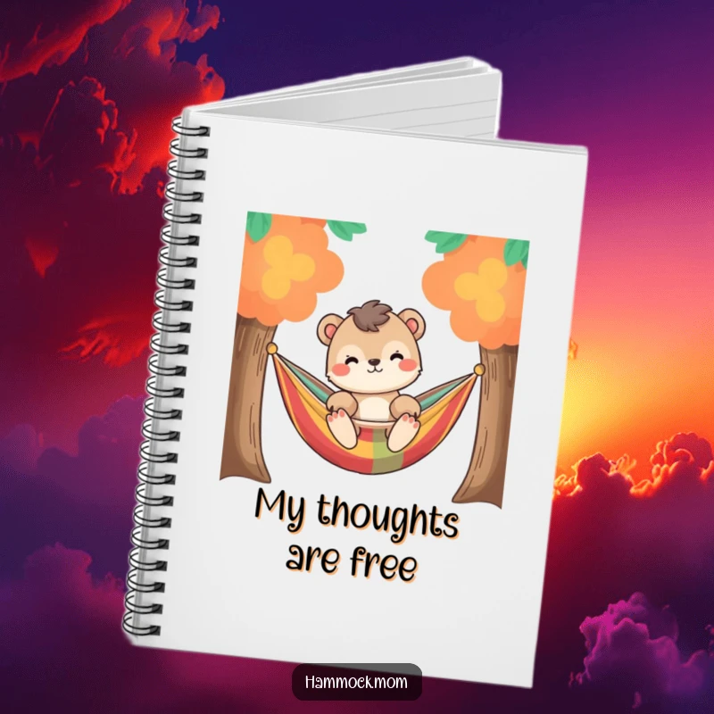 Funny relaxed animal character gently swaying in a colorful hammock between two trees, on the cover of a notebook for writing or sketching.