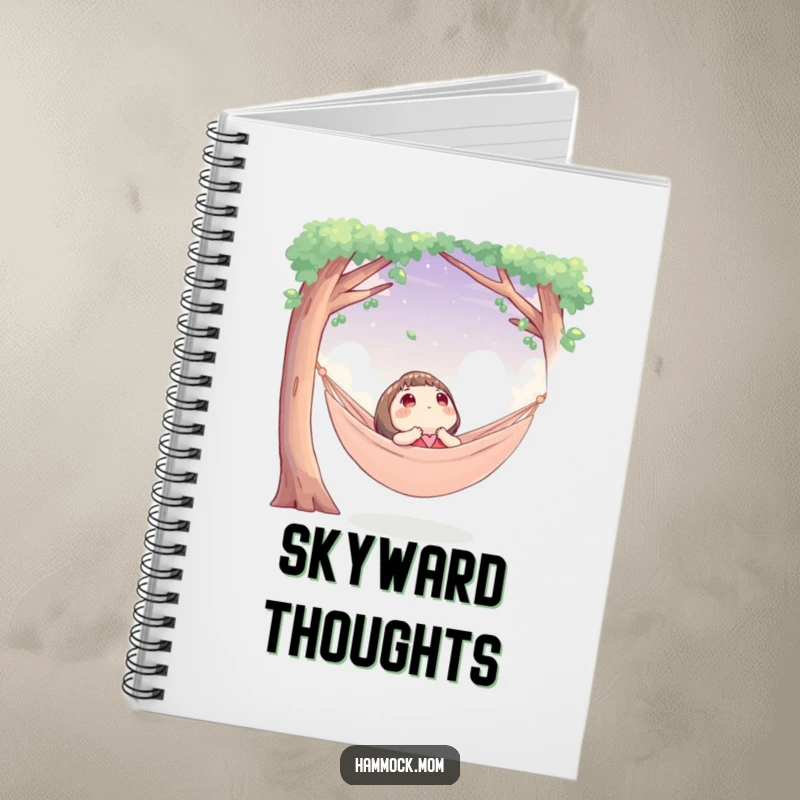 Funny notebook with a character in a cozy hammock looking up at the sky, inspiring relaxed and humorous note-taking.