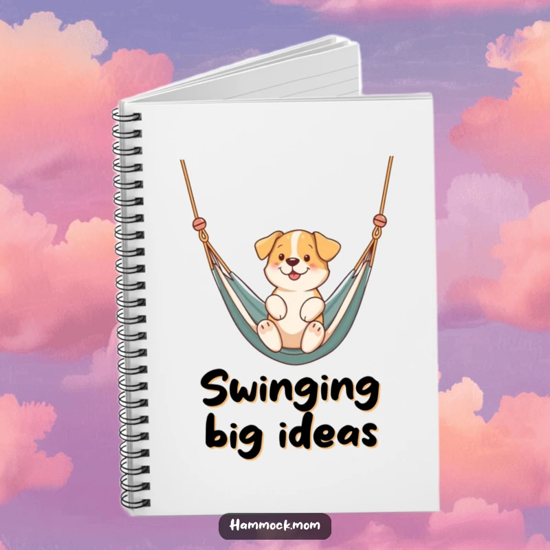 Funny dog gently swinging in a hammock on a notebook cover, ideal for journaling and as a funny gift.