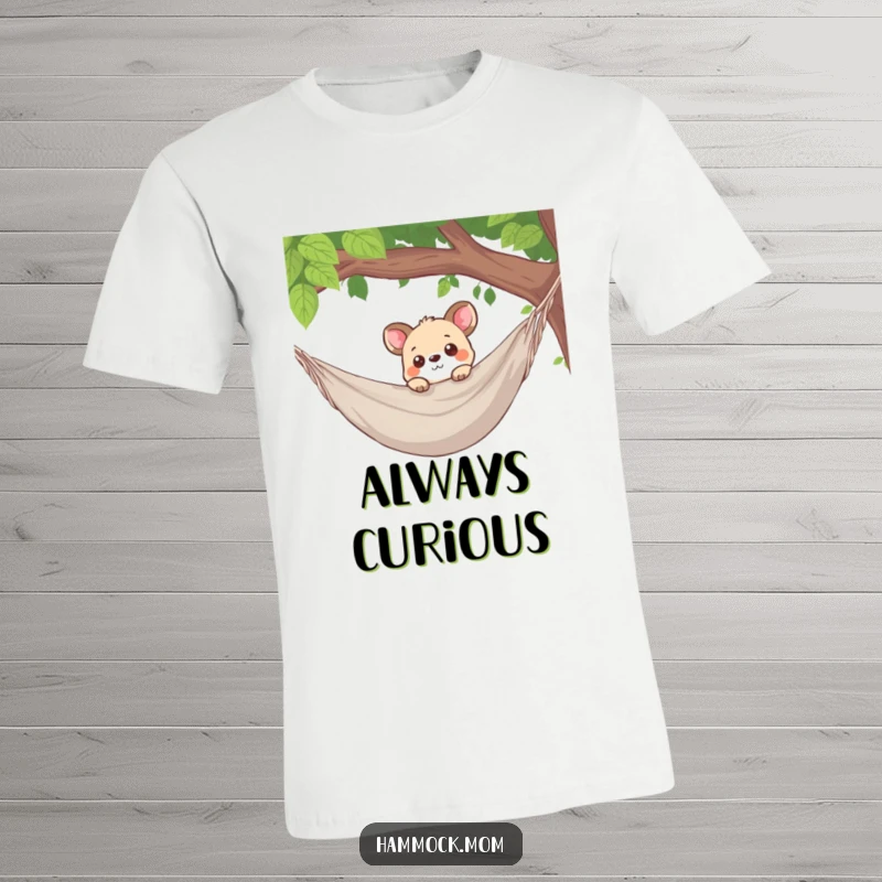 Funny t-shirt with a curious animal character peeking over a hammock edge, symbolizing interest and playful observation.