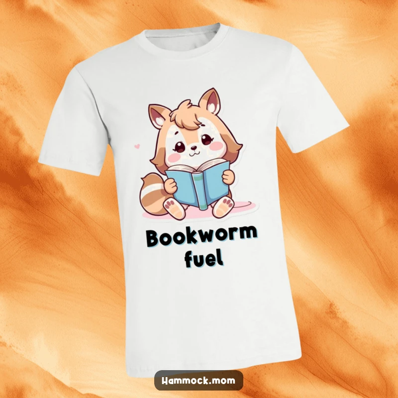 Funny playful animal character lounging while reading a book, humorous and comfortable graphic t-shirt.