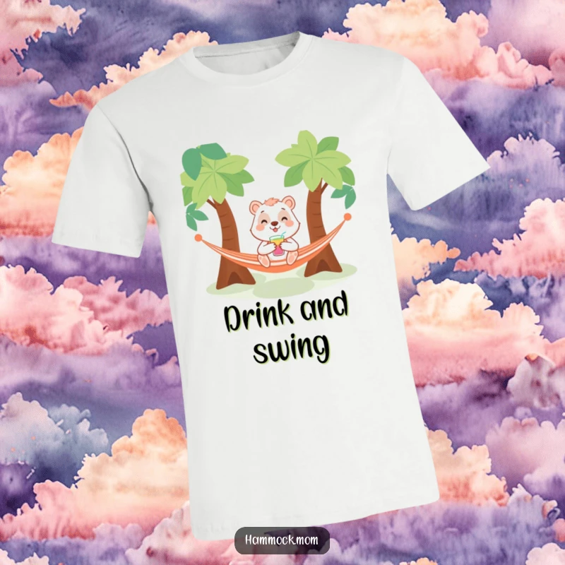 Funny t-shirt showing a smiling animal character with a drink, relaxing comfortably in a hammock suspended between two trees.