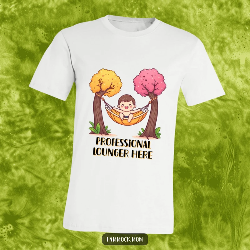 Funny t-shirt depicting a happy hammock character gently swaying between two vibrant trees, representing ultimate leisure and joy.