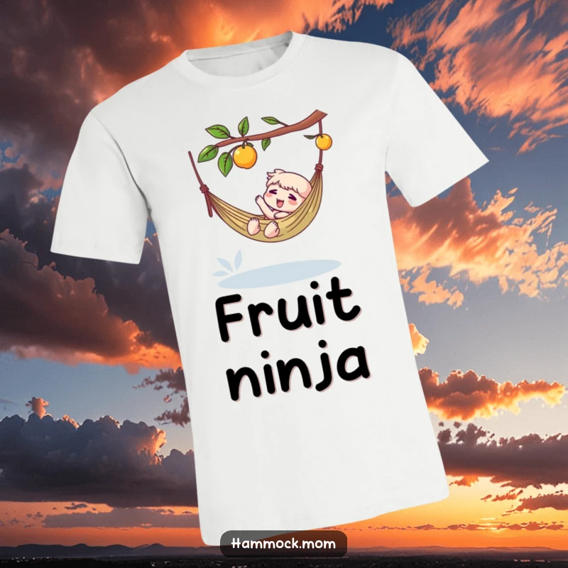 Funny t-shirt with a character reaching for a dangling fruit while lounging in a hammock, a humorous depiction of relaxation.