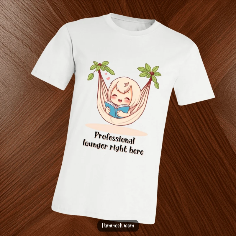 Funny t-shirt featuring a delighted hammock character reading a book with a contented sigh, showing ultimate relaxation and humor.