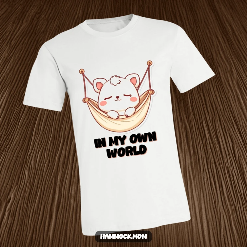 Funny Kawaii Hammock Animal T-Shirt: A sleepy animal in a tiny hammock, gently swaying with its eyes closed, perfect for naps.