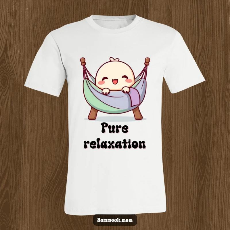 Funny t-shirt with a kawaii hammock character sighing happily, fully at ease, promoting a sense of ultimate relaxation.