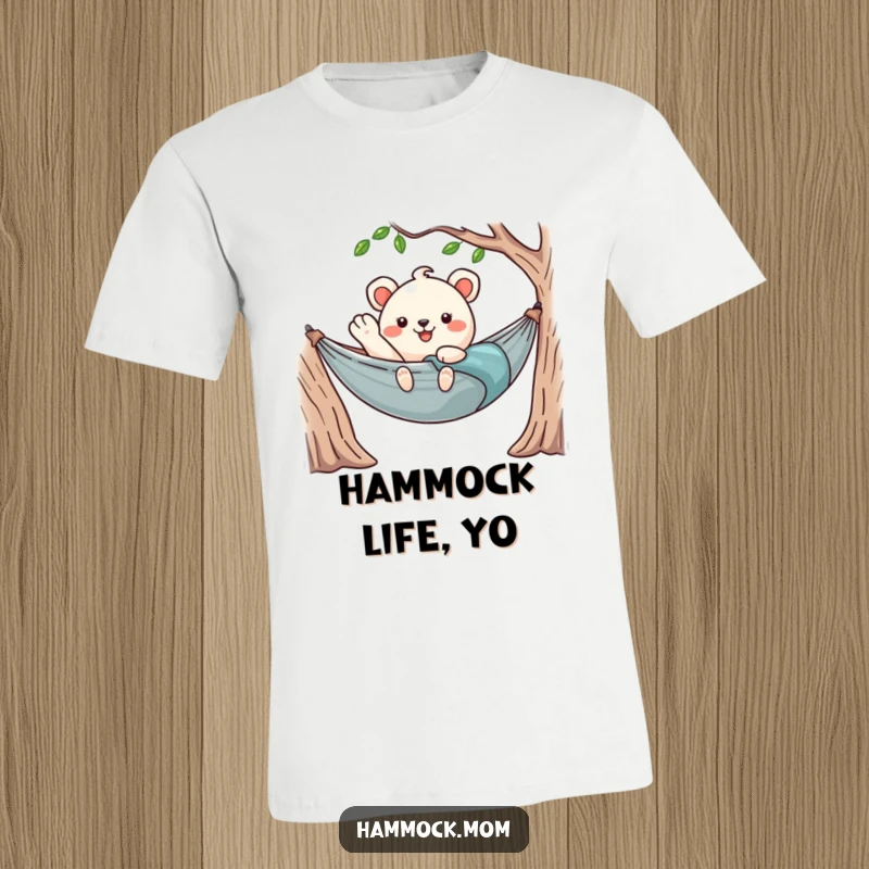 Funny Kawaii Hammock Animal T-Shirt Waving Cheerful Hello While Relaxing in Cozy Hammock, Fun Design.