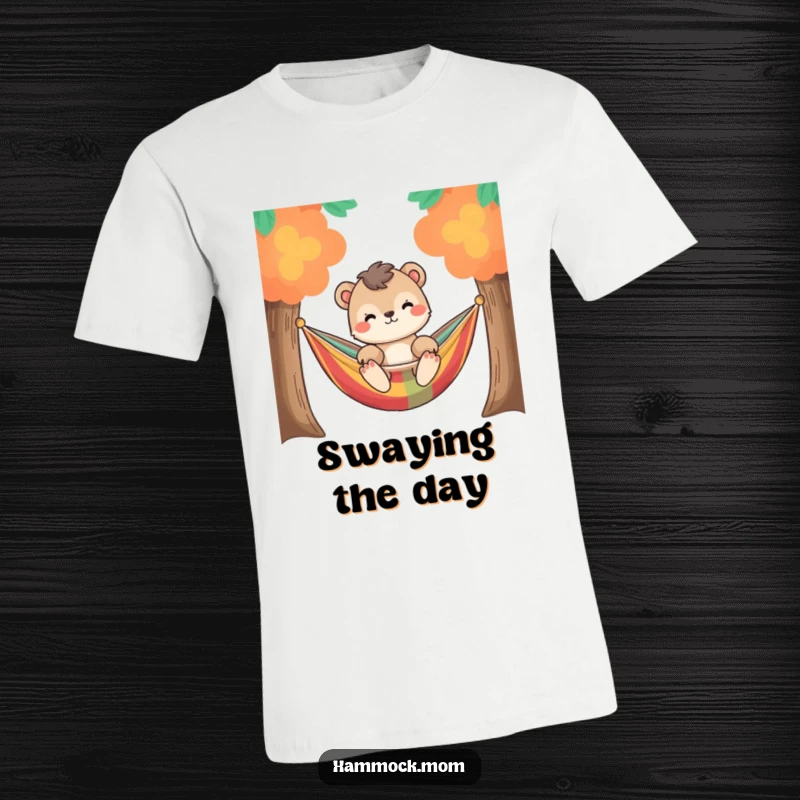 Funny relaxed animal character gently swaying in a colorful hammock between two trees, printed on a t-shirt.