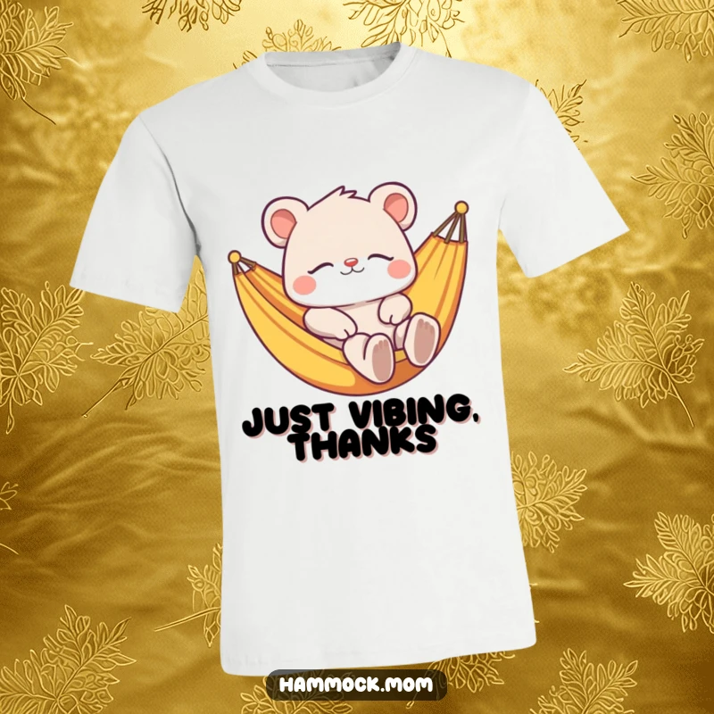 Funny t-shirt with a relaxed animal character lounging contentedly in a vibrant hammock, exuding peace and a love for chilling out.