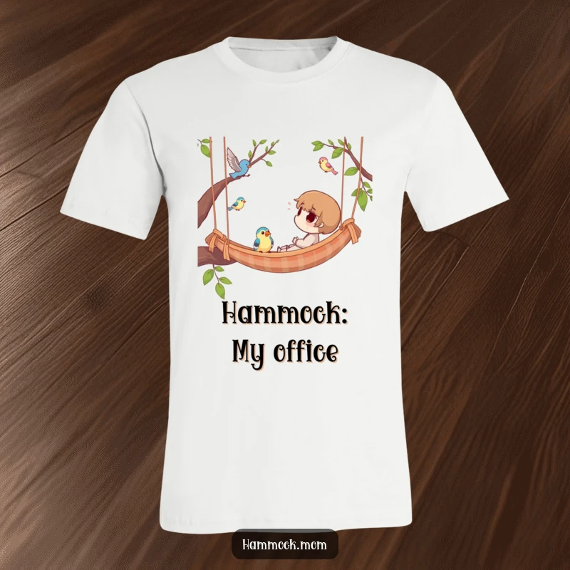 Funny T-Shirt with a character blissfully observing birds while suspended in a cozy hammock, exuding pure relaxation and joy.