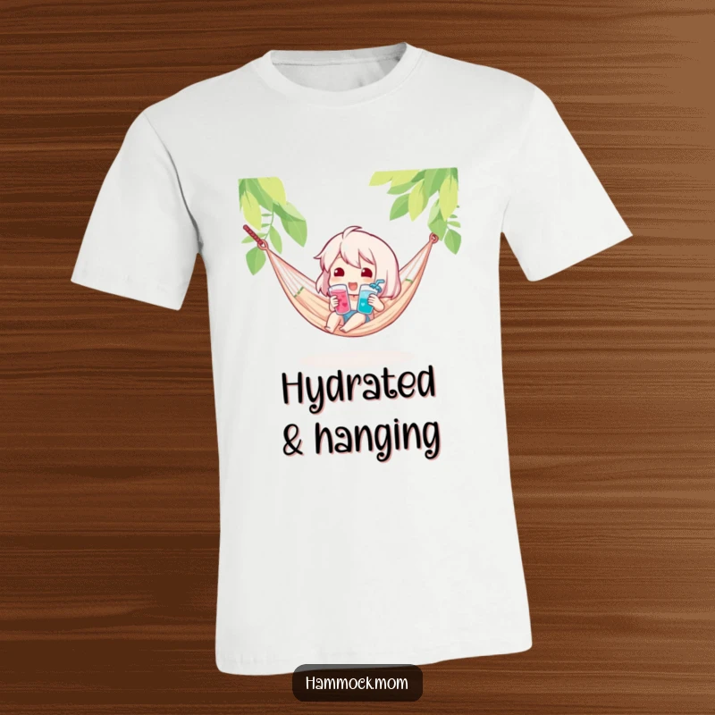 Funny t-shirt of a character holding a cool drink in a hammock, capturing the essence of refreshing relaxation humorously.