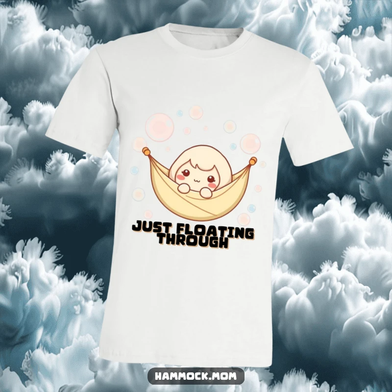 Funny t-shirt with a kawaii hammock character gently floating surrounded by serene, iridescent bubbles, promoting relaxation.