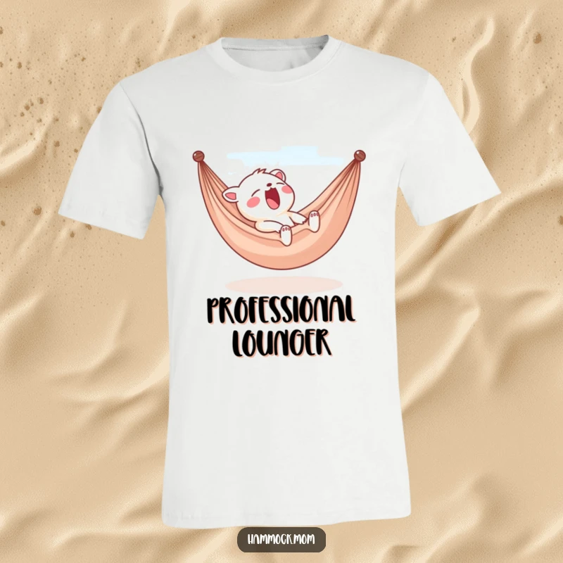 Funny yawning animal character t-shirt, relaxed in a hammock, sleepy and breezy pose, humorous gift for comfort seekers.