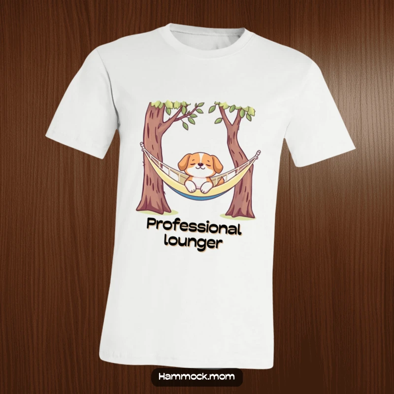 Funny dog t-shirt featuring a dog snoozing peacefully in a hammock, embodying ultimate relaxation and laid-back vibes.