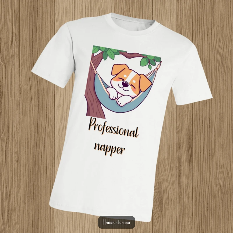 Funny dog hammock t-shirt, a dog sleeping peacefully with a smile in a hammock.