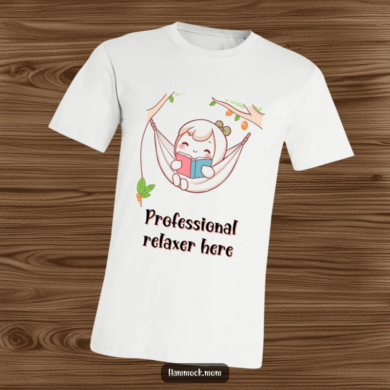 Funny Kawaii hammock t-shirt with a character holding a book, looking completely relaxed and content.