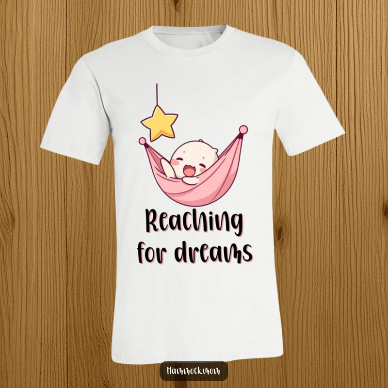 Funny t-shirt depicting a kawaii hammock character yawning, reaching for a star, representing ambition and gentle motivation.