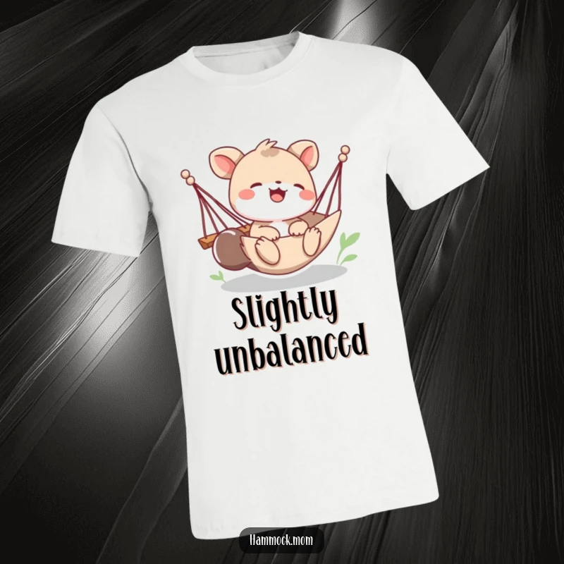 Funny t-shirt showing a playful animal character giggling uncontrollably as their hammock begins to tip with their energetic movement.