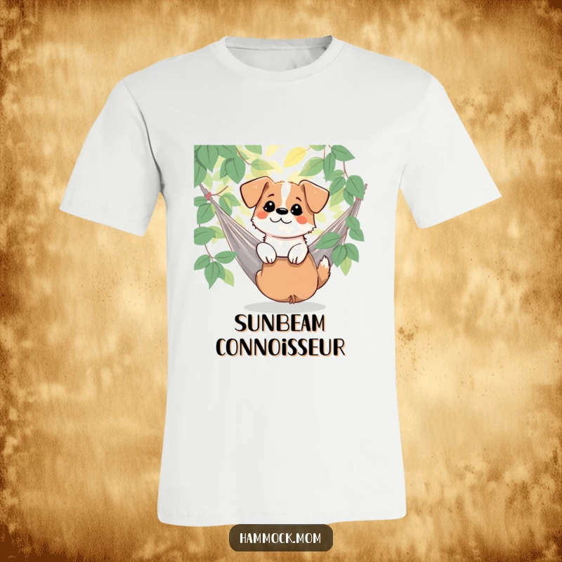 Funny dog enjoying dappled sunlight near a hammock, printed on a t-shirt, celebrating nature and humor, a perfect funny gift.