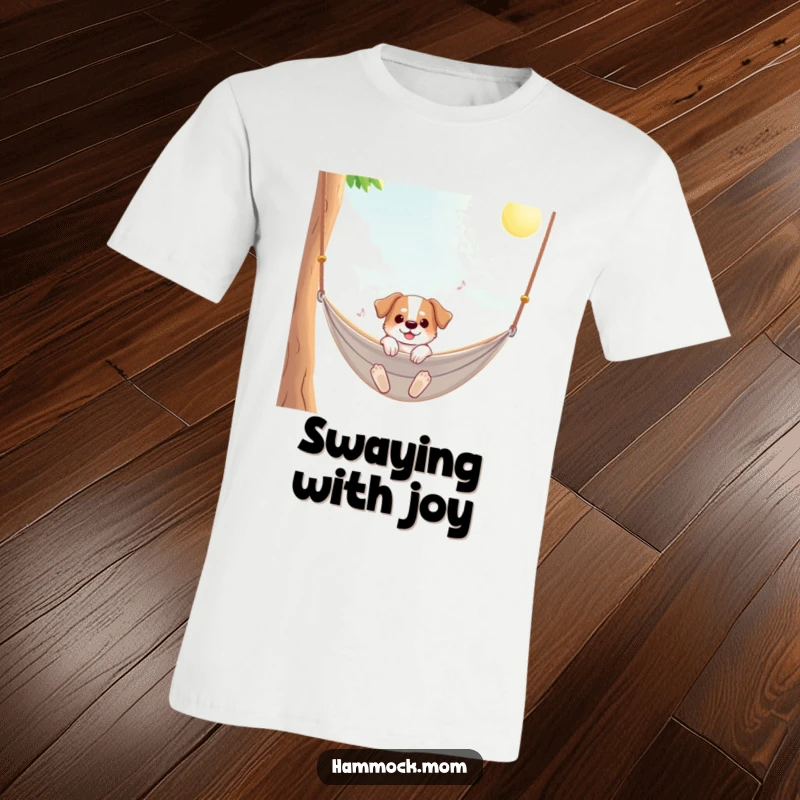 Funny dog t-shirt showing a dog blissfully swaying in a hammock on a sunny day, perfect for summer fun.