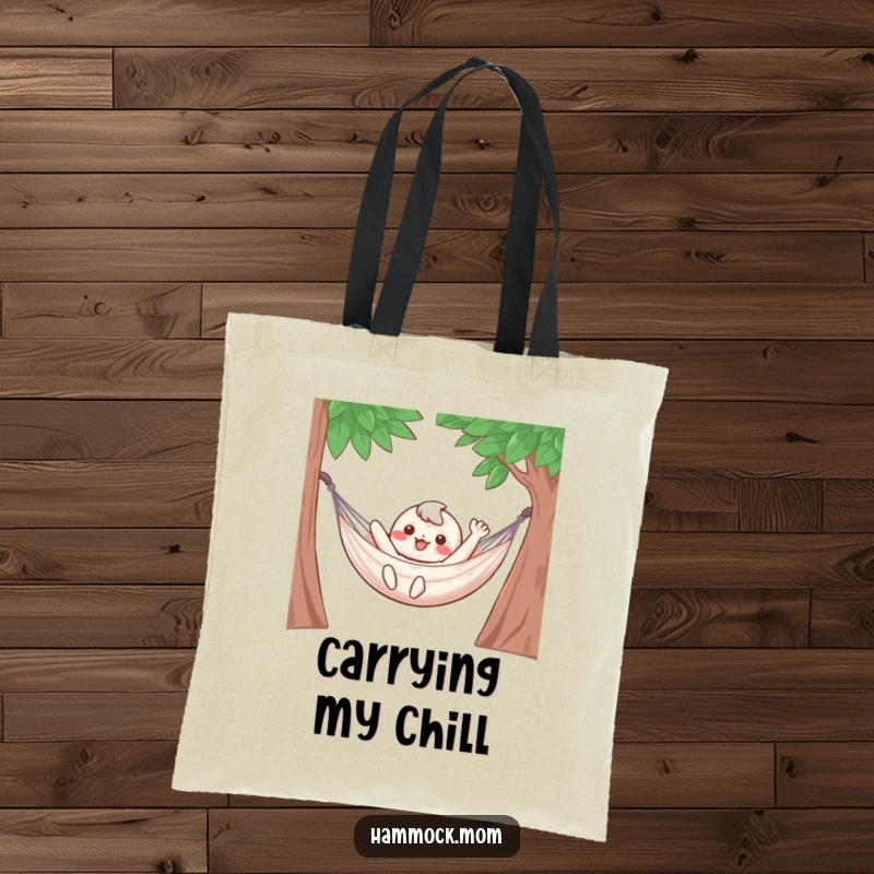 Funny Tote Bag: A kawaii character happily waves from a hammock, perfect for carrying your relaxation essentials.