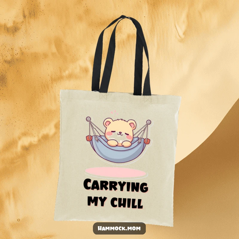 Funny Kawaii Hammock Animal Tote Bag: A cute creature relaxing in a small hammock, sighing contentedly, perfect for carrying essentials.