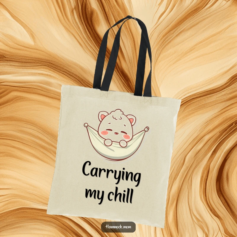 Funny tote bag featuring a relaxed hammock animal character giving a sly wink, perfect for carrying essentials with a humorous, stylish flair.