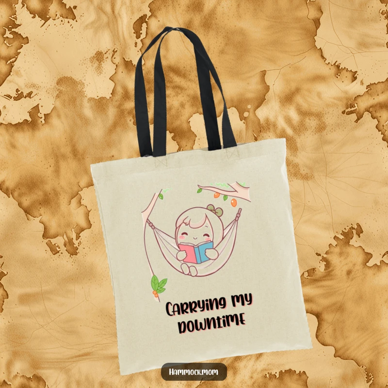 Funny Kawaii hammock tote bag with a character holding a book, looking incredibly relaxed and peaceful.