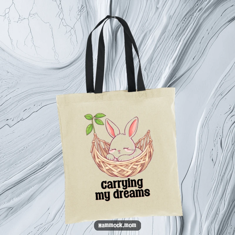 Funny bunny peacefully snoozing in a woven hammock on a tote bag, perfect for carrying relaxation essentials.