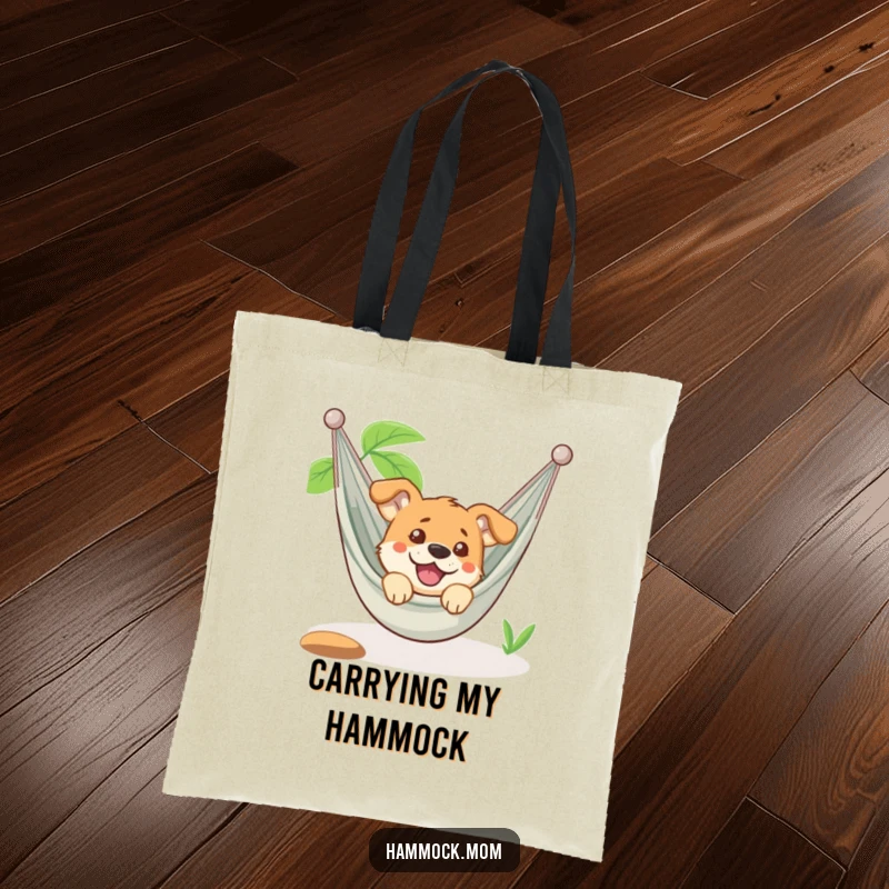 Funny dog peeking from a hammock looking amused, printed on a durable tote bag, an ideal and funny gift.