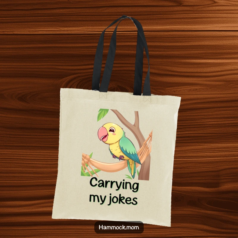 Funny tote bag with a giggling parrot perched on the edge of a hammock, ready to share a laugh.