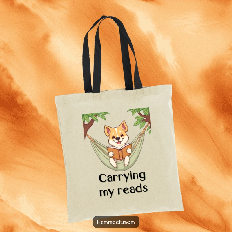 Funny dog tote bag illustrating a dog smirking while reading a book in a hammock, perfect for carrying literary items.