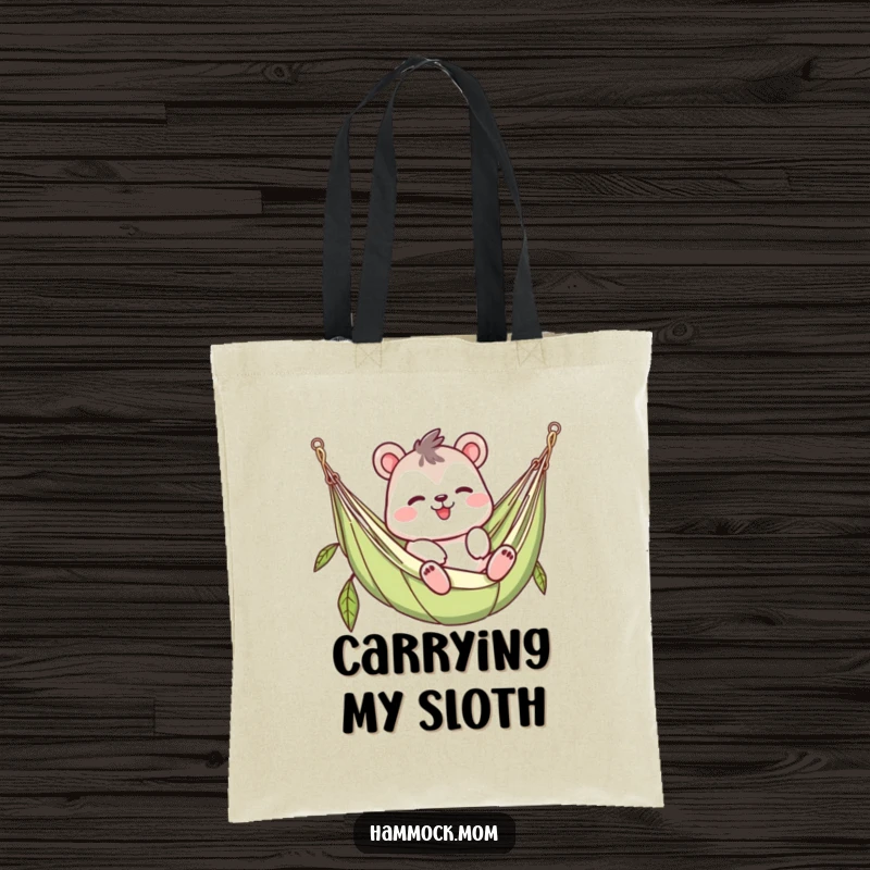 Funny waving animal character tote bag, lazy in a hammock, cozy and breezy design, cute and practical accessory, great humorous gift.