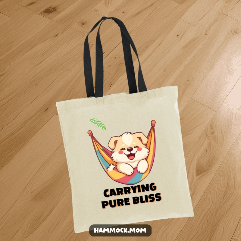 Funny mama dog tote bag illustrating a fluffy mama dog with a smile, swaying lazily in a colorful hammock, perfect for relaxation.