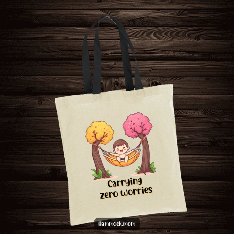 Funny tote bag with a happy hammock character gently swaying between colorful trees, perfect for carrying essentials with a relaxed attitude.