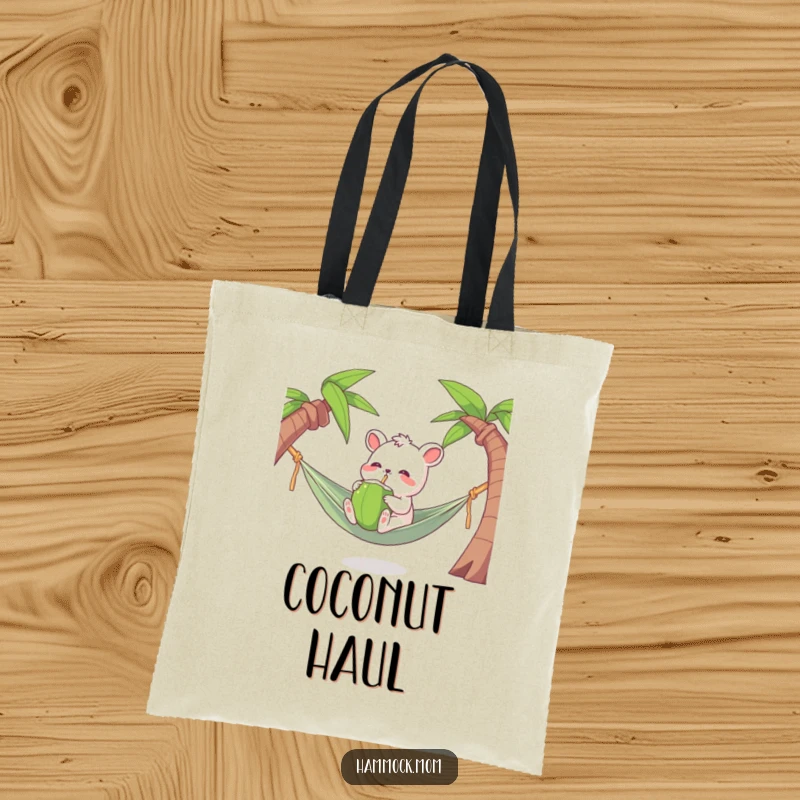 Funny Tropical Animal Tote Bag with a character joyfully drinking from a coconut, a fun and humorous gift.