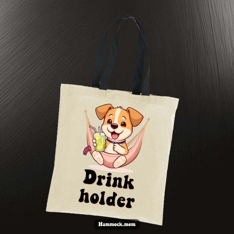 Funny dog tote bag illustrating a dog in a hammock holding a drink, perfect for carrying items with a humorous, festive flair.