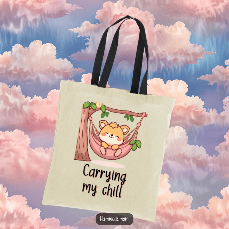 Funny tote bag featuring an animal character blissfully lounging in a hammock, ideal for carrying essentials with a humorous, relaxed vibe.