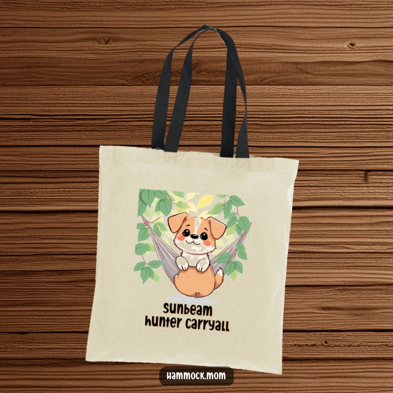 Funny dog enjoying dappled sunlight by a hammock, printed on a tote bag, showcasing nature's beauty and humor, an excellent funny gift.
