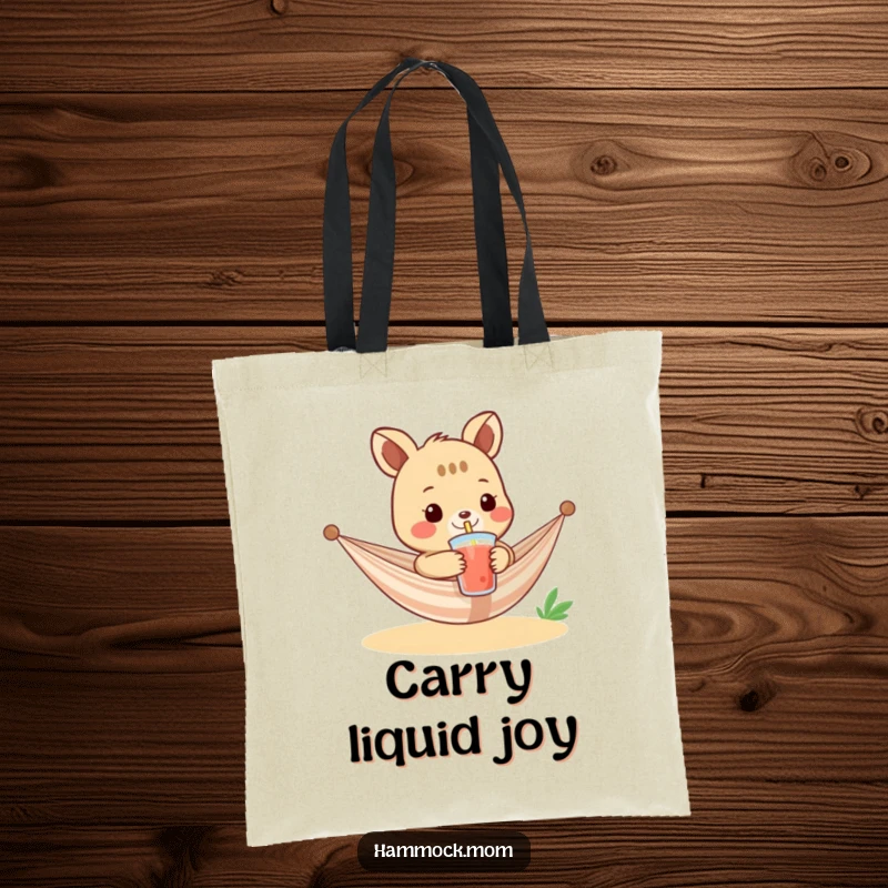Funny tote bag showcasing a relaxed hammock animal serving a chilled drink with a straw, great for humor and practicality.