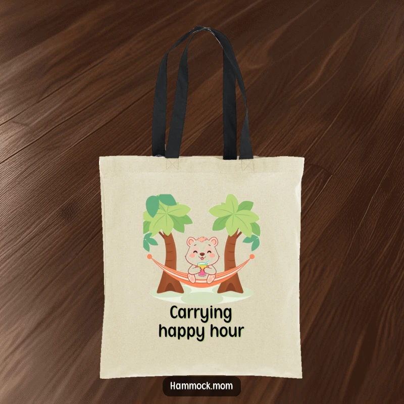 Funny tote bag with a smiling animal character holding a drink while chilling in a hammock between trees, representing carefree enjoyment.